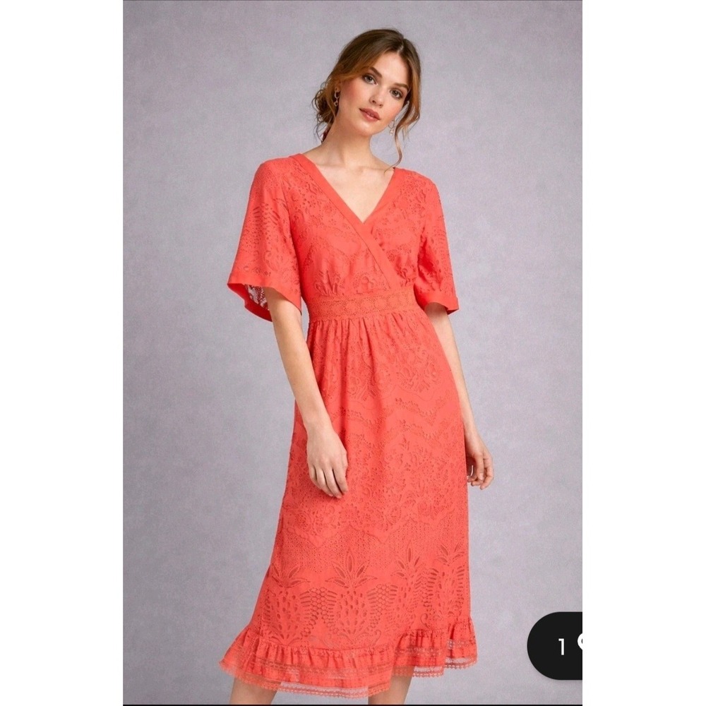Farm Rio Anthropologie Maxi Dress Womens L Coral Lace Boho Tropical Whimsigoth - Picture 2 of 11